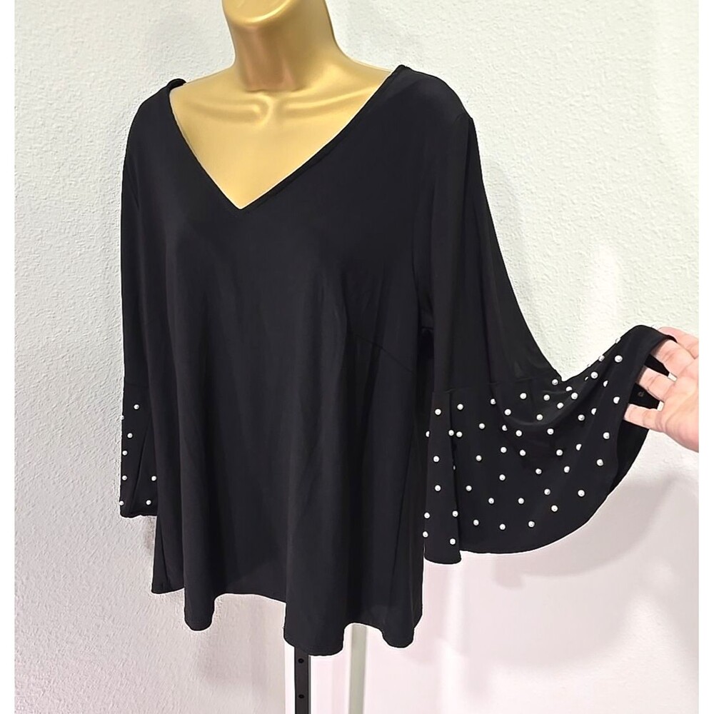 MSK Pearl Embellished Blouse Lge Black Silky Jersey Quiet Luxury Old Money Party